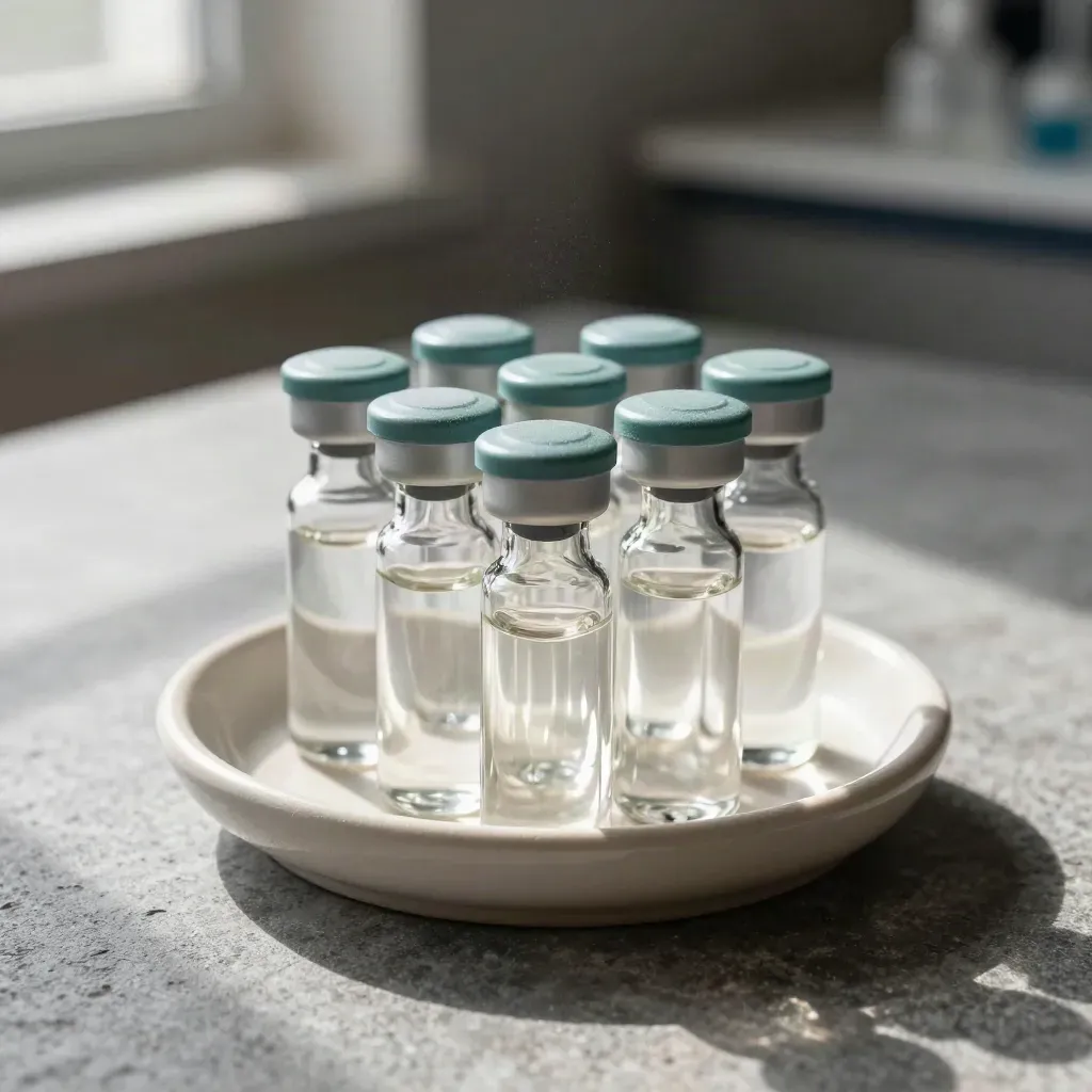 Glasampuller, teal lock och en keramisk bricka i ett rent biotech-sammanhang.