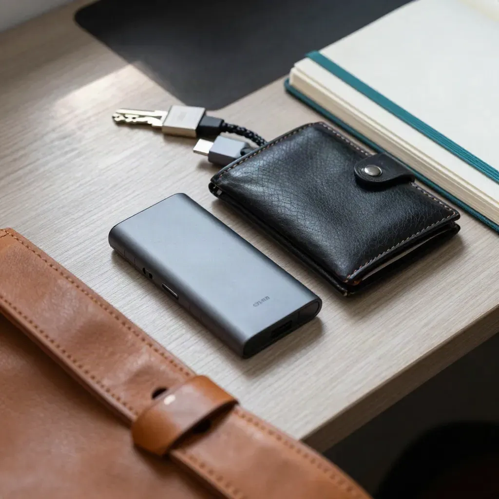 Frilansarens betalningskit med kortläsare, plånbok, USB-C-hubb och stängd anteckningsbok i dramatiskt ljus.