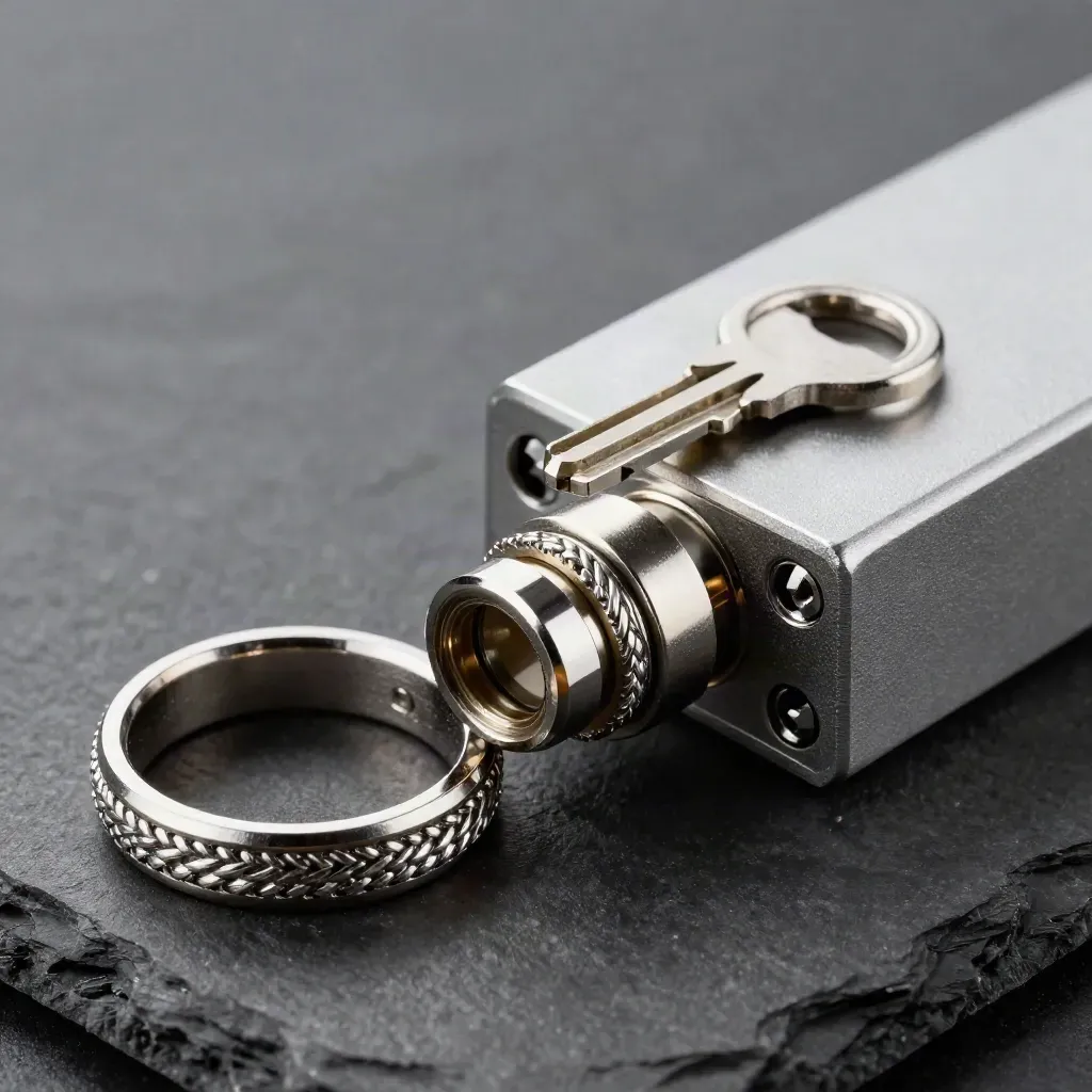 Mörk stillbild av metallkopplingar och ringar som låses in i ett modulärt betalblock.
